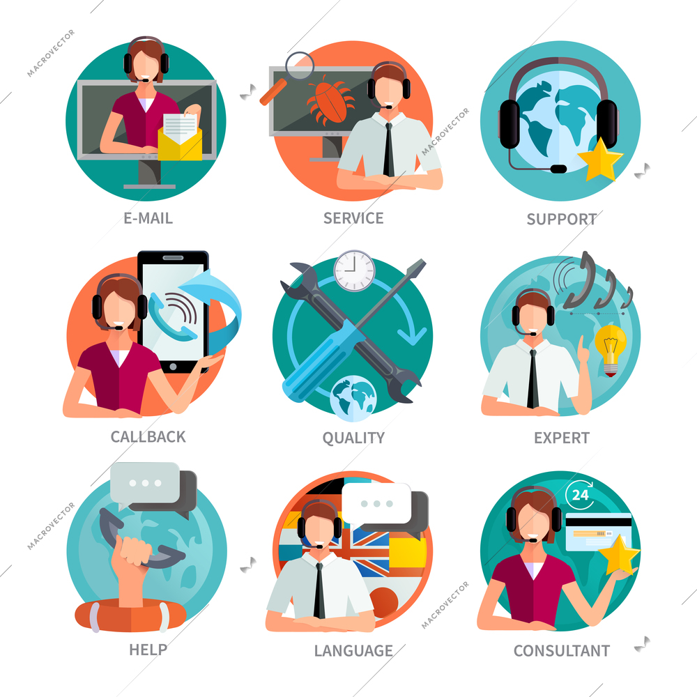 Customer support flat color emblems set with email support callback and consultant help icons isolated vector illustration