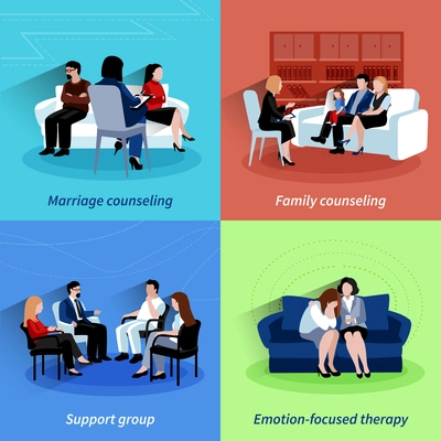 Marriage counseling center family support and emotions therapy 4 flat icons square composition  abstract isolated vector illustration