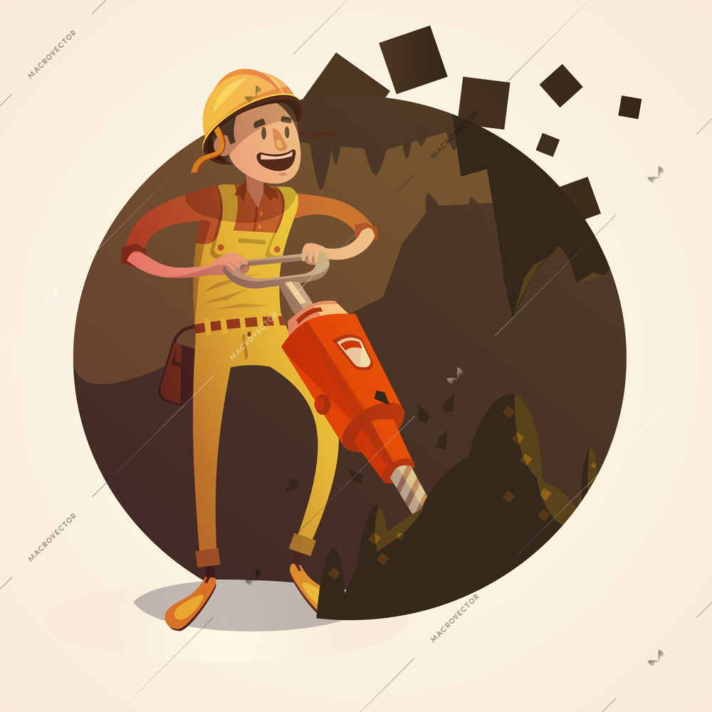 Mining concept with labor worker drilling with jack hammer in coalmine retro cartoon style vector illustration