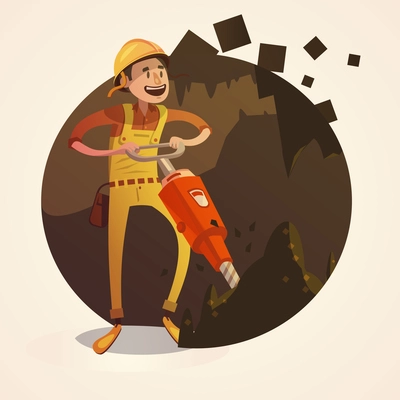 Mining concept with labor worker drilling with jack hammer in coalmine retro cartoon style vector illustration