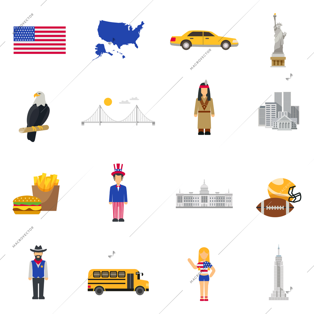 Symbols USA stars and stripes banner eagle national bird and liberty statue flat icons collection vector isolated illustration