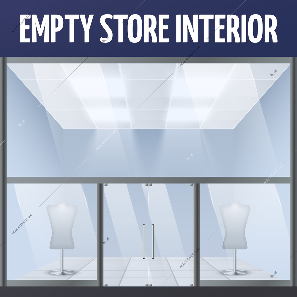 Illuminated empty department store building interior with dress forms vector illustration.