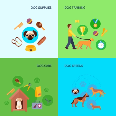 Dog breeds training and care products supplies 4 flat icons square composition banner abstract isolated vector illustration