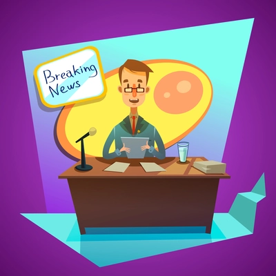 Anchor journalist in tv studio announces breaking news retro cartoon style vector illustration