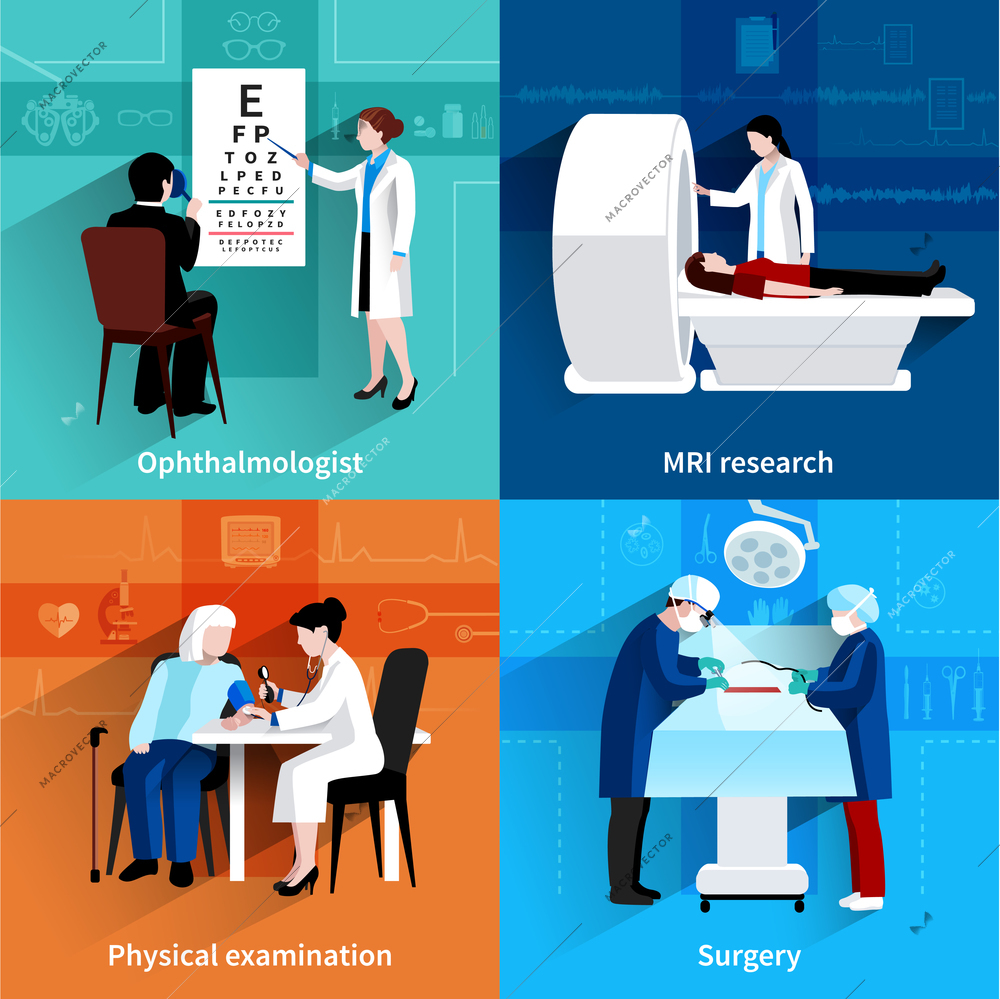 Medical specialists mri scan 4 flat icons square composition with operation room surgery abstract isolated vector illustration