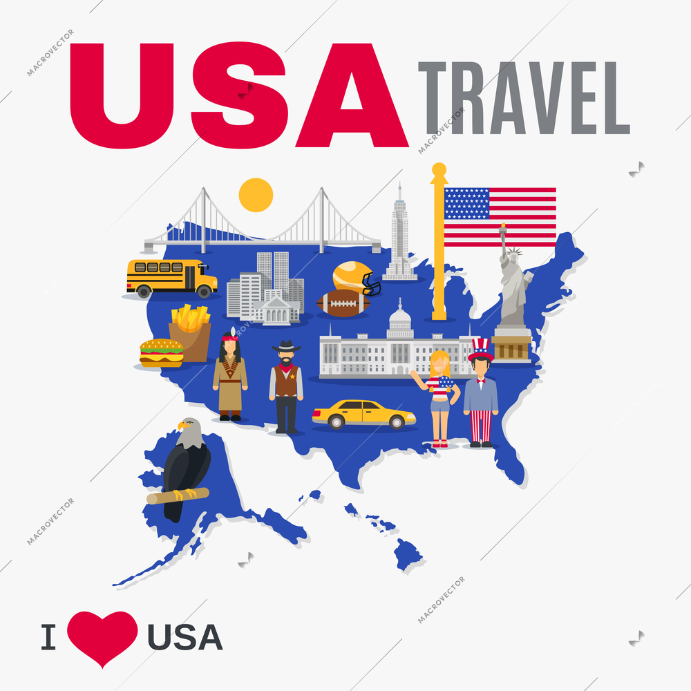 World travel agency USA top tourists attraction poster with national symbols landmarks and country map flat vector illustration