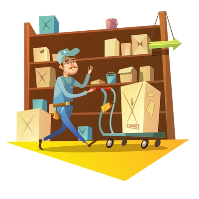 Warehouse retro concept with worker with trolley and shelves on background vector illustration