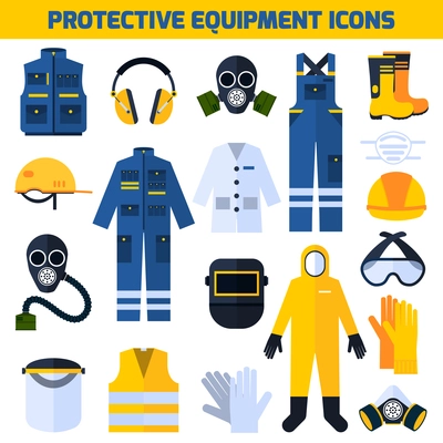 Protective uniform respiratory equipment flat icons collection for medical professionals and construction workers abstract isolated vector illustration