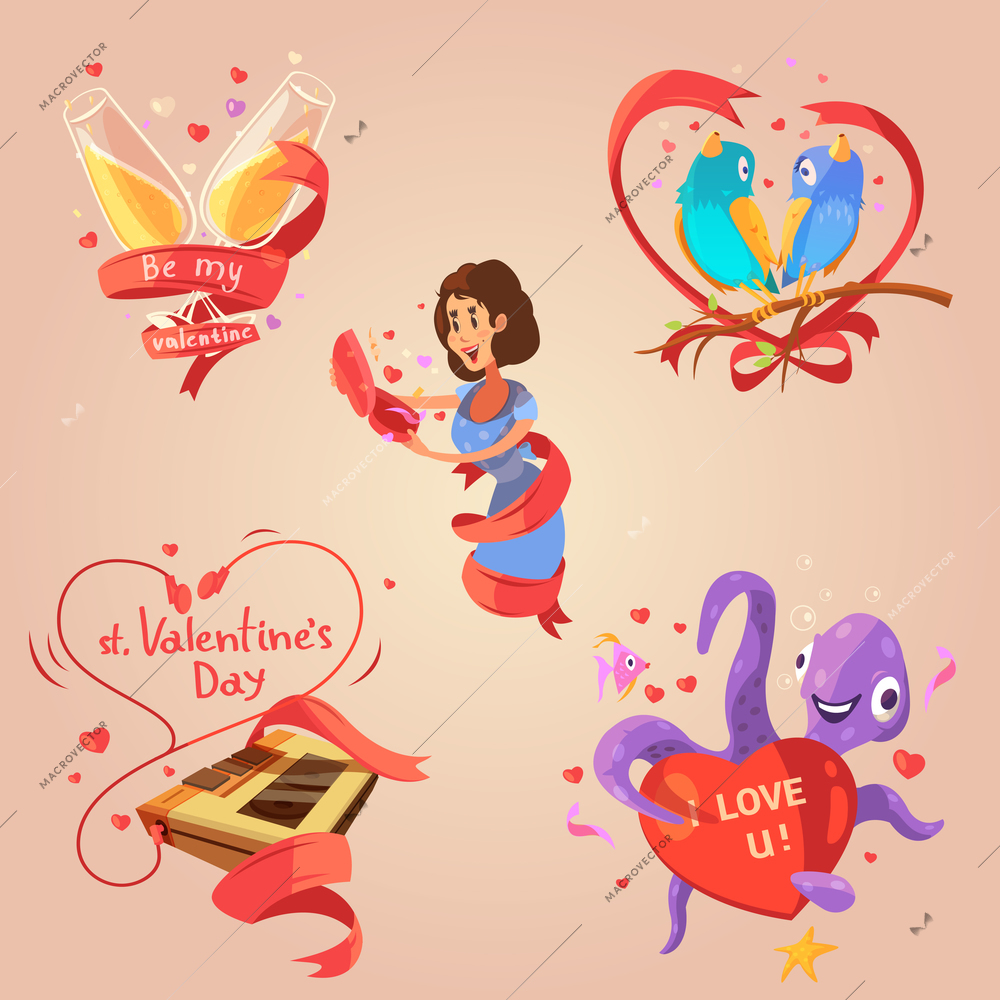 Valentine day retro cartoon set with love congratulations labels isolated vector illustration