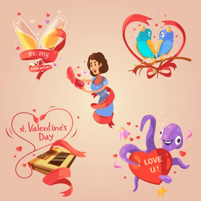 Valentine day retro cartoon set with love congratulations labels isolated vector illustration