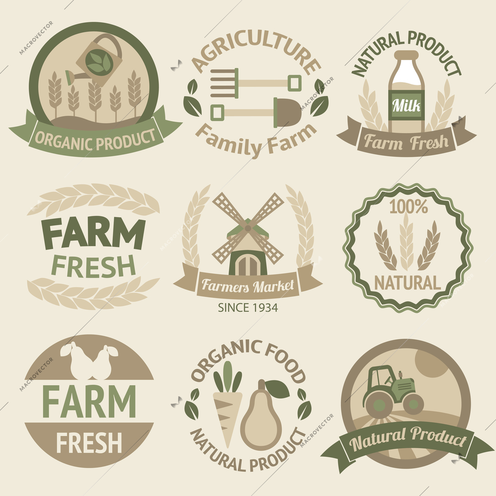 Farming harvesting and agriculture badges or labels retro vintage collection vector illustration