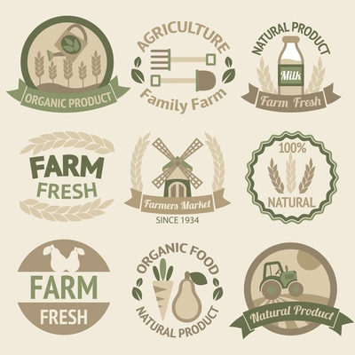 Farming harvesting and agriculture badges or labels retro vintage collection vector illustration