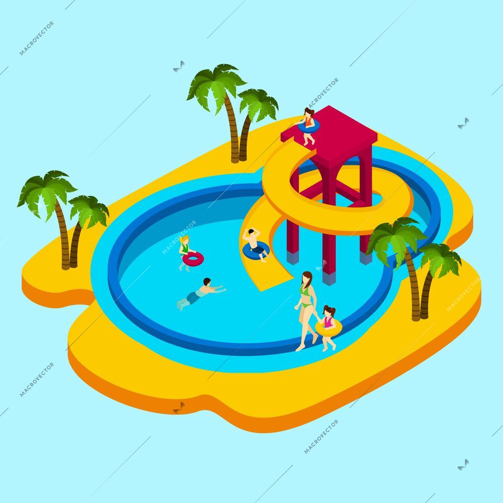 Water park with children and parents on blue background isometric vector illustration