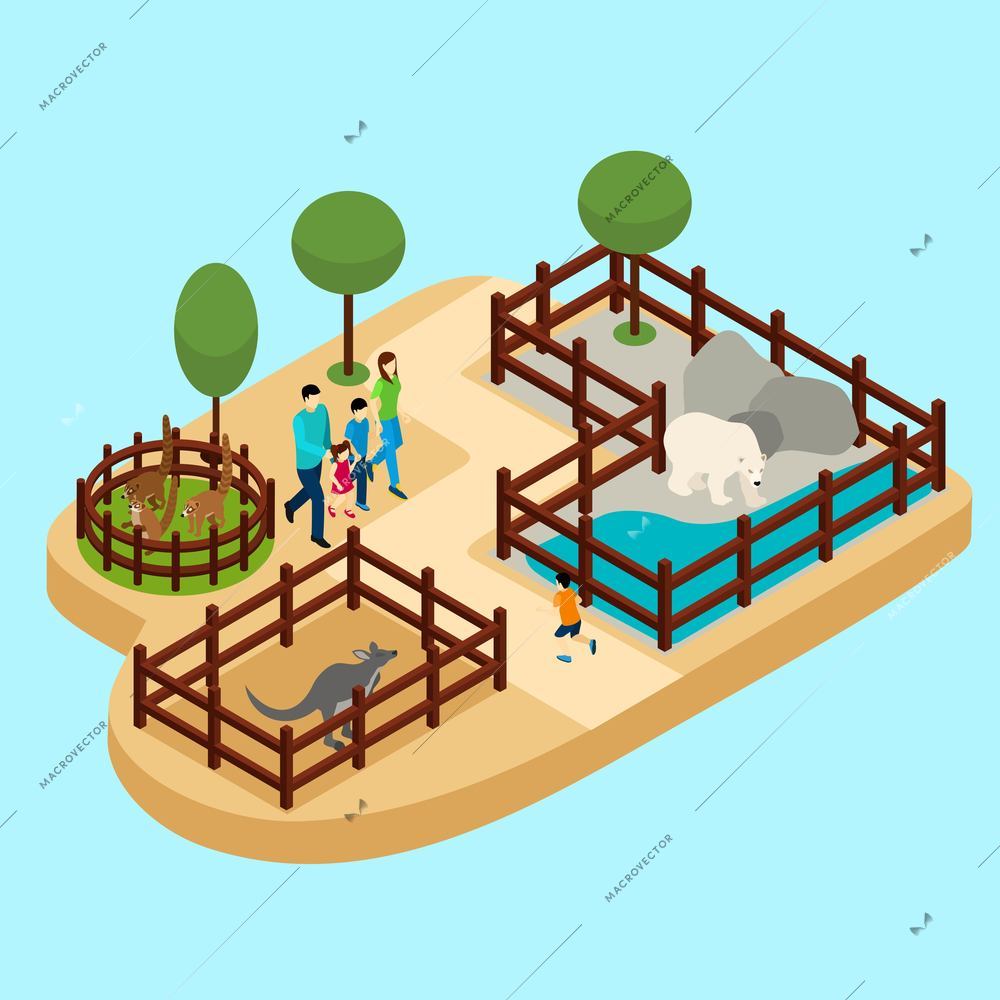 Family at the zoo with bear and kangaroo on blue background isometric vector illustration