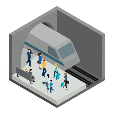 Underground people with train bench and platform isometric vector illustration