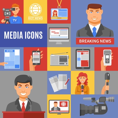 Journalism icons set with cameras microphones and recording flat isolated vector illustration