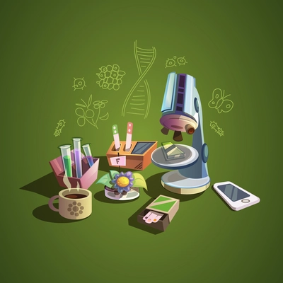 Biology concept with retro science cartoon icons set vector illustration