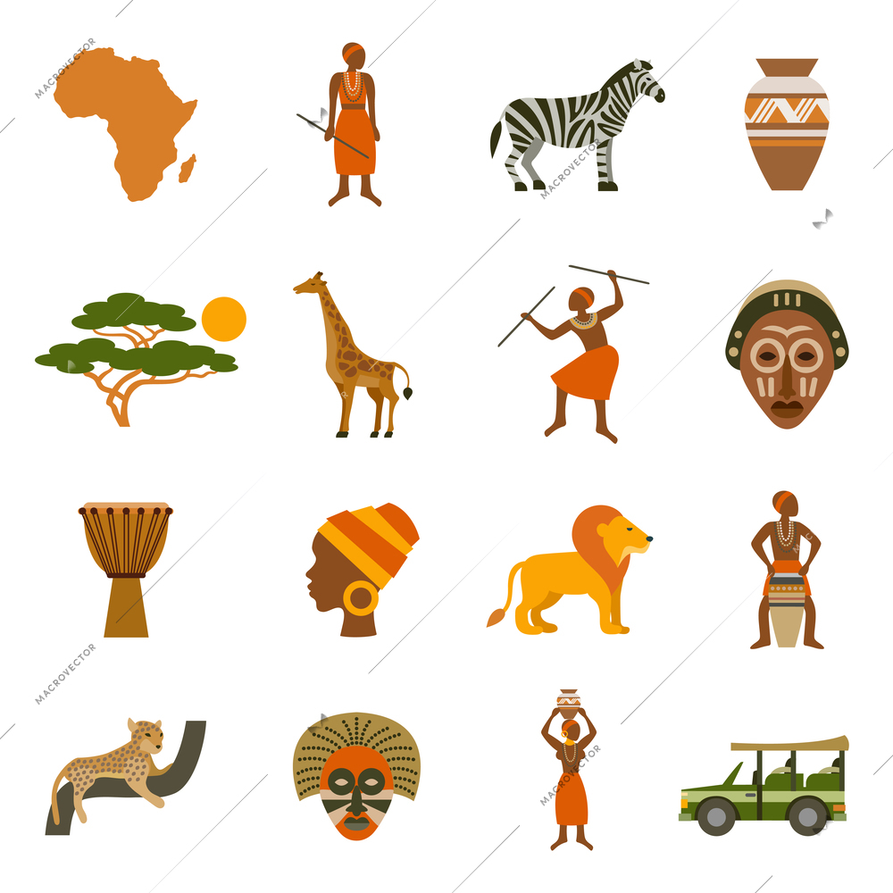 Africa icons set with traditional clothes and animals flat isolated vector illustration