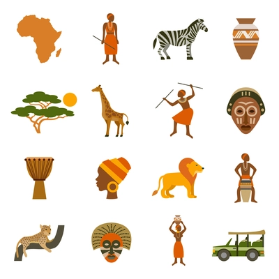 Africa icons set with traditional clothes and animals flat isolated vector illustration