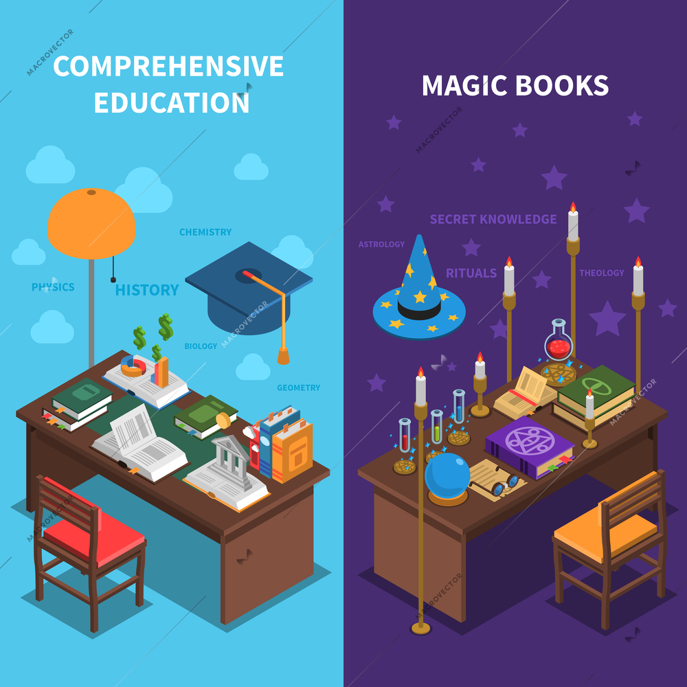 Books and education vertical isometric banners set with magic books symbols isolated vector illustration