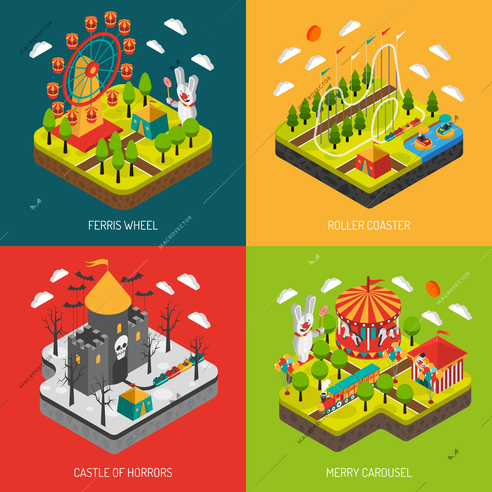 Amusement part 4 isometric icons square composition banner with big observation wheel attraction abstract isolated vector illustration