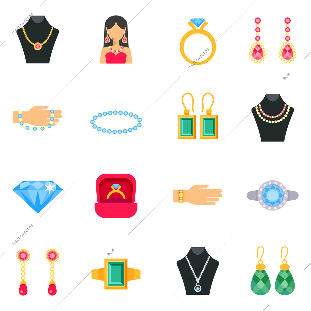 Jewelry icons set with earrings rings and bracelets flat isolated vector illustration