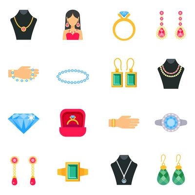 Jewelry icons set with earrings rings and bracelets flat isolated vector illustration