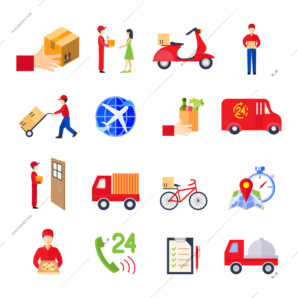 Flat delivery colorful icon set with transport order personal service vector illustration