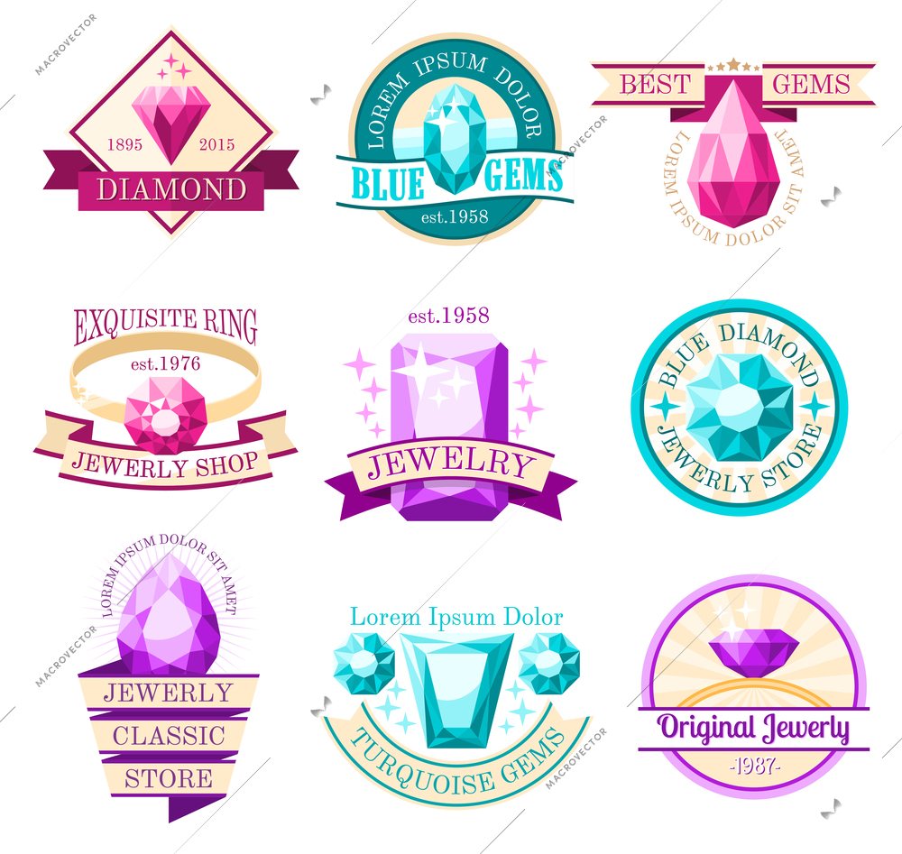 Jewel emblems set with jewelry store and original jewelry symbols flat isolated vector illustration