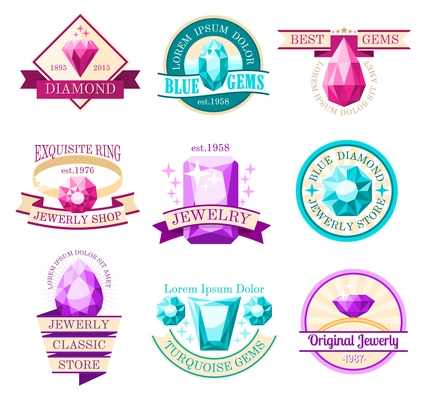 Jewel emblems set with jewelry store and original jewelry symbols flat isolated vector illustration