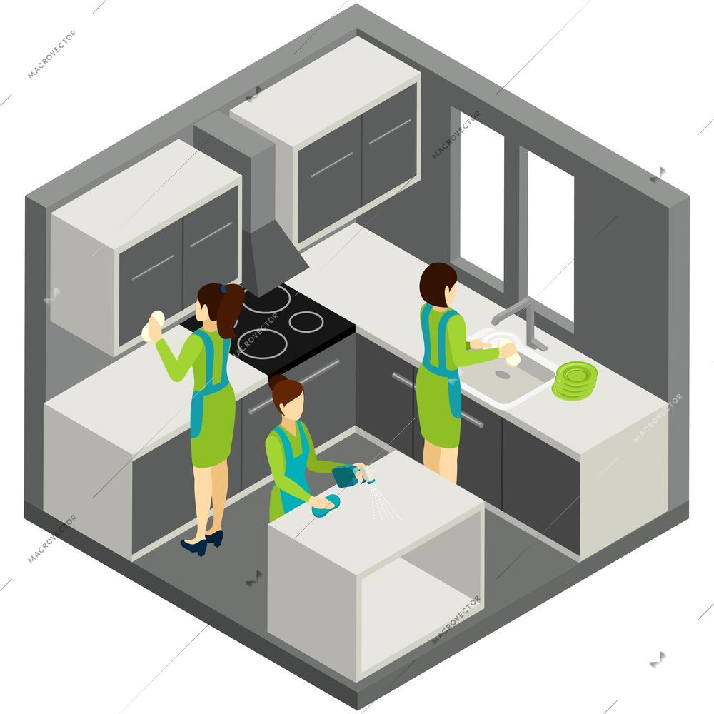 Professional residential maids in green uniforms providing quality kitchen cleaning services abstract isometric pictogram banner vector illustration