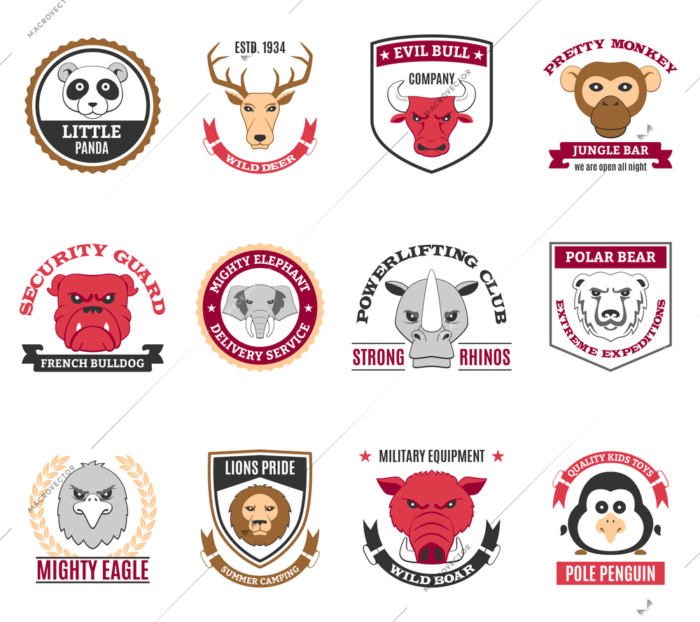 Wild animal labels set with mighty eagle and evil bull company symbols flat isolated vector illustration