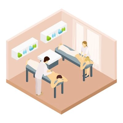 Massage room with equipment couple and massage specialists isometric vector illustration