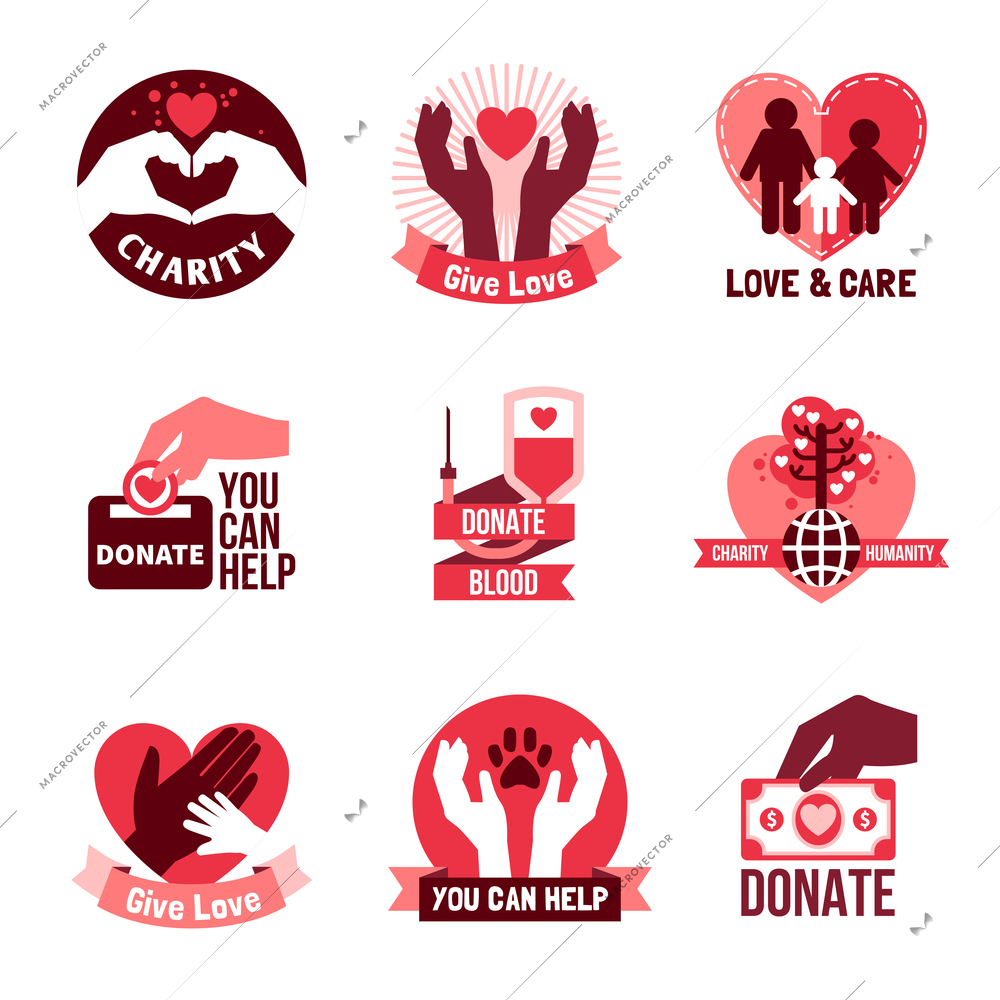 Charity pink logo emblems set with humanity symbols flat isolated vector illustration