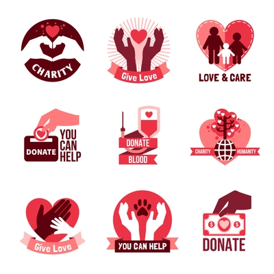 Charity pink logo emblems set with humanity symbols flat isolated vector illustration