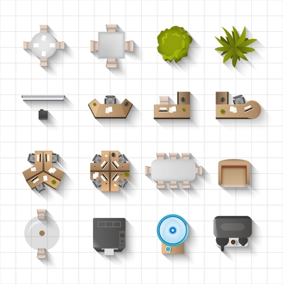 Office interior furniture icons top view set isolated vector illustration