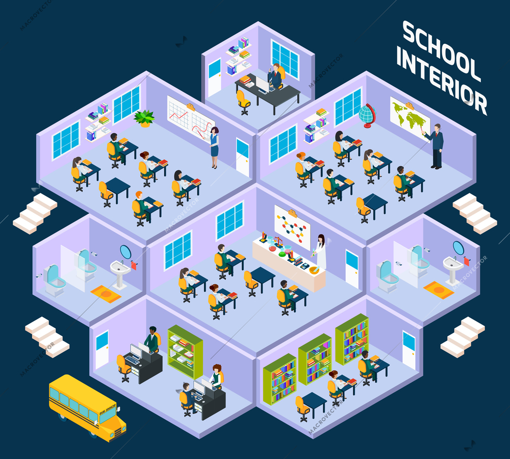 School isometric interior with classroom indoors full of students and teachers vector illustration