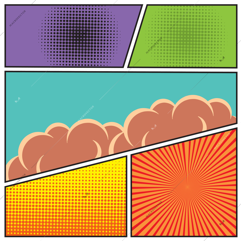 Comics pop art style blank layout template with clouds beams and dots pattern background vector illustration