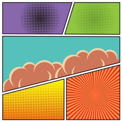 Comics pop art style blank layout template with clouds beams and dots pattern background vector illustration