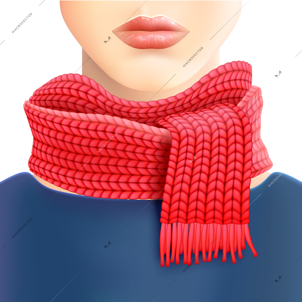 Woman fashionable knitted red scarf  for store window displays and casual wear winter accessories catalogs vector illustration