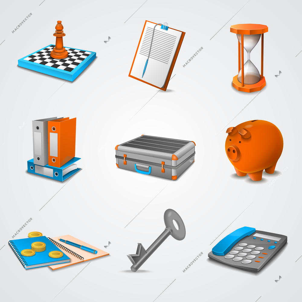 Business realistic icons set with 3d chessboard folders piggy bank isolated vector illustration