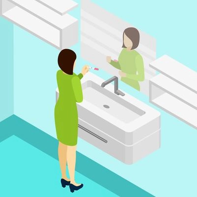 Pregnancy positive test with woman looking in a mirror isometric vector illustration