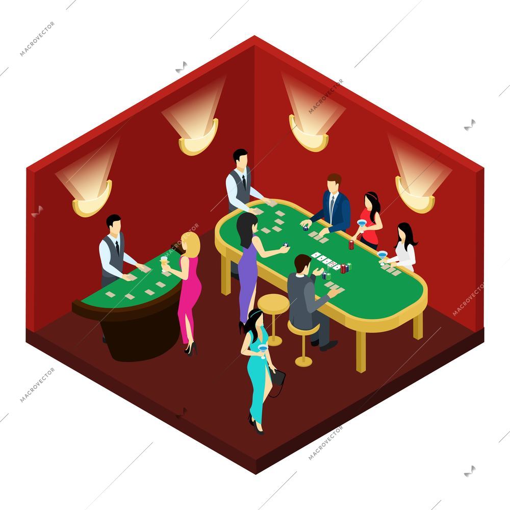 Poker and gambling with men women wearing dresses and suits isometric vector illustration