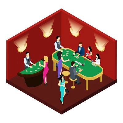 Poker and gambling with men women wearing dresses and suits isometric vector illustration