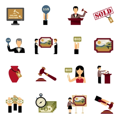 Auction icons set with hammer hands and money symbols flat isolated vector illustration