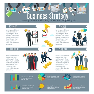 Business strategy infographic set with process and progress symbols flat vector illustration