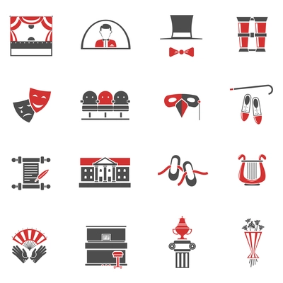 Theatre red black icons set with comedy and tragedy symbols flat isolated vector illustration