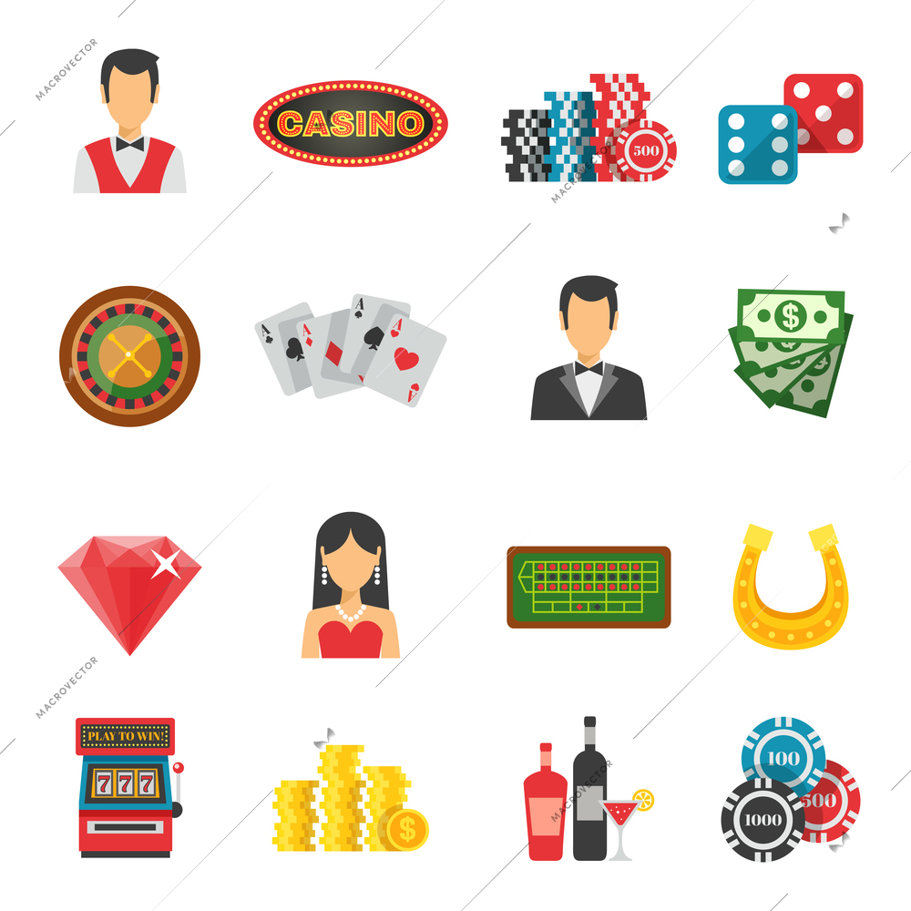 Casino icons set with cards money and luck symbols flat isolated vector illustration