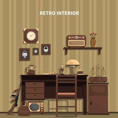 Retro interior with a microphone a table a radio and photos flat vector illustration