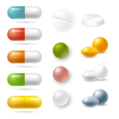 Realistic pills and granules in different colors icons set isolated vector illustration